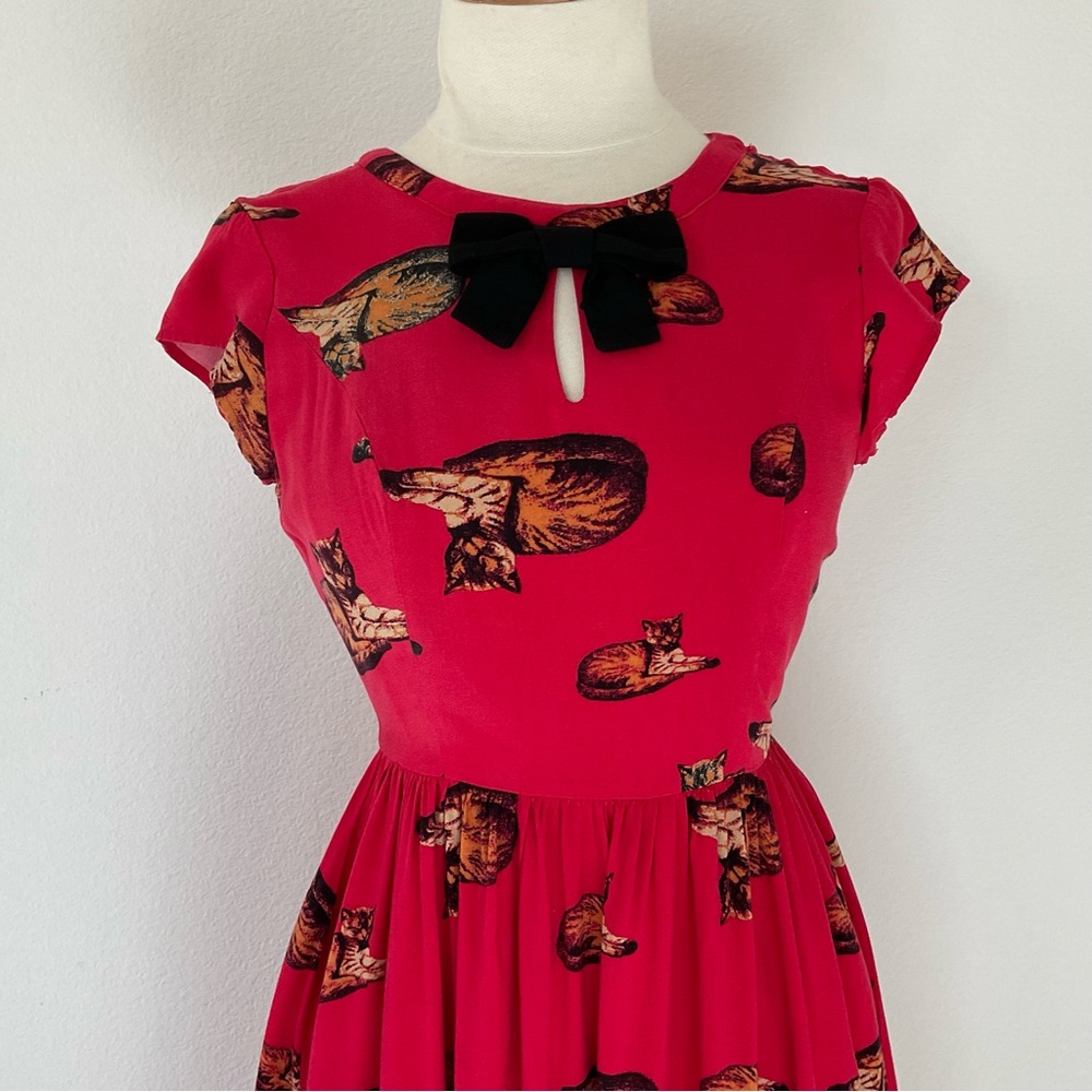 ModCloth Red Cat Print Fit & Flare Dress S - Picture 2 of 16